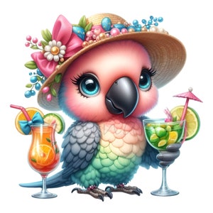 Loro Clipart PNG, Cóctel Clip Art, 10 Clip Art de Aves Tropicales, Regalo Imprimible, Divertido Lindo Pajarito, Fabricación de Tarjetas DIY, Arte de Pared de Guardería