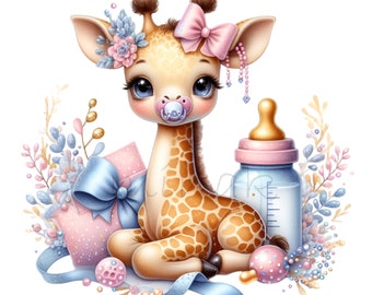 Giraffe Clip Art, Baby Bottle Clipart, 10 PNG Baby Shower Newborn, Mother's Day Digital Download, Card Making, Sublimation, Junk Journal