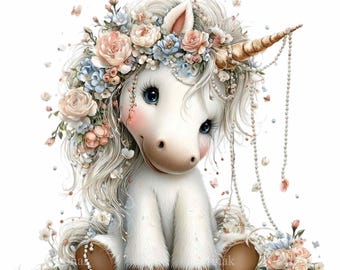 16 PNG Floral Unicorn Clipart, Magical Fantasy Animal Ephemera Nursery