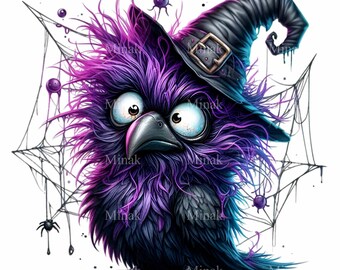 12 Purple Raven Witch Hat PNG, Spider Web Spooky Feathered Bird Artwork