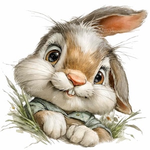 Puede incluir: Ilustraci&oacute;n en acuarela de un lindo conejo con pelaje marr&oacute;n y blanco, vistiendo una camisa verde claro. El conejo tiene grandes ojos marrones y una nariz rosada, y est&aacute; rodeado de hierba verde y peque&ntilde;as flores blancas.