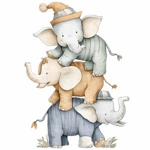May include: A watercolour illustration depicts three elephants stacked on top of each other. The bottom elephant is blue with a hat, the middle is tan, and the top is grey with a hat. They stand on a patch of grass.