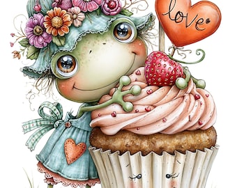 12 PNG Frog Cupcake Clipart, Strawberry Love Cake Dessert Sublimation