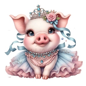 Adorables imágenes prediseñadas de cerdo: 15 lindas princesas de cerdo con corona y vestido PNG para manualidades, álbumes de recortes y más