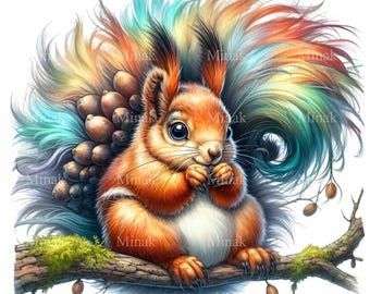 12 PNG Rainbow Squirrel Clipart, Surreal Woodland Animal Illustration