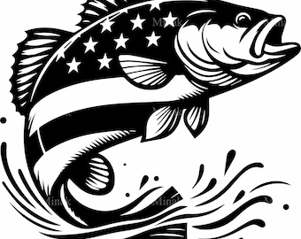May include: Black and white illustration of a largemouth bass leaping out of water. The fish features a design incorporating the American flag, with stars and stripes. Water splashes are depicted around the fish.