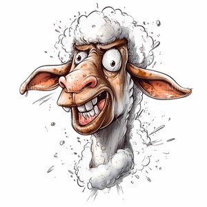 May include: A cartoon illustration of a sheep with a white fluffy coat and a wide, toothy grin. The sheep has large, round eyes and a mischievous expression. The background is white with splatters of paint.