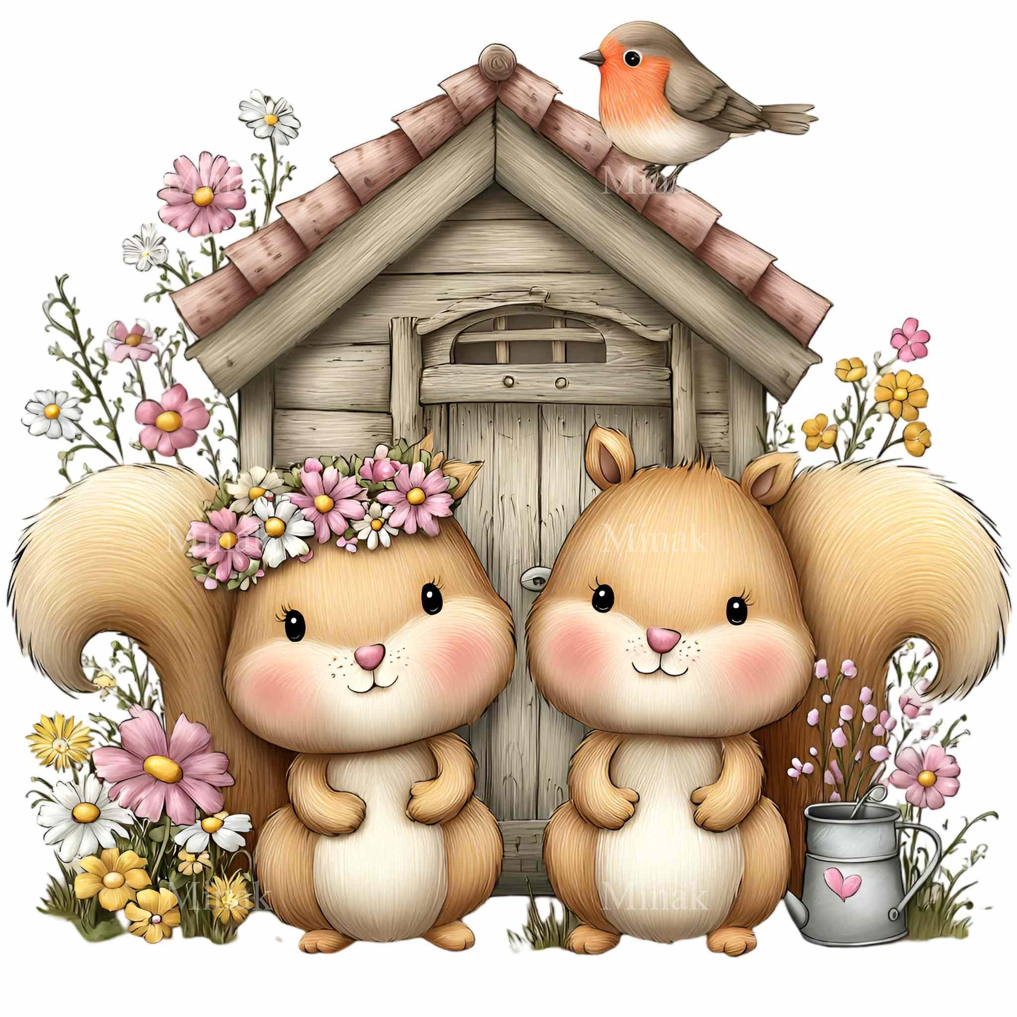 15 PNG Spring Squirrel Clipart – Woodland Animal Pair With Flowers PNG ...