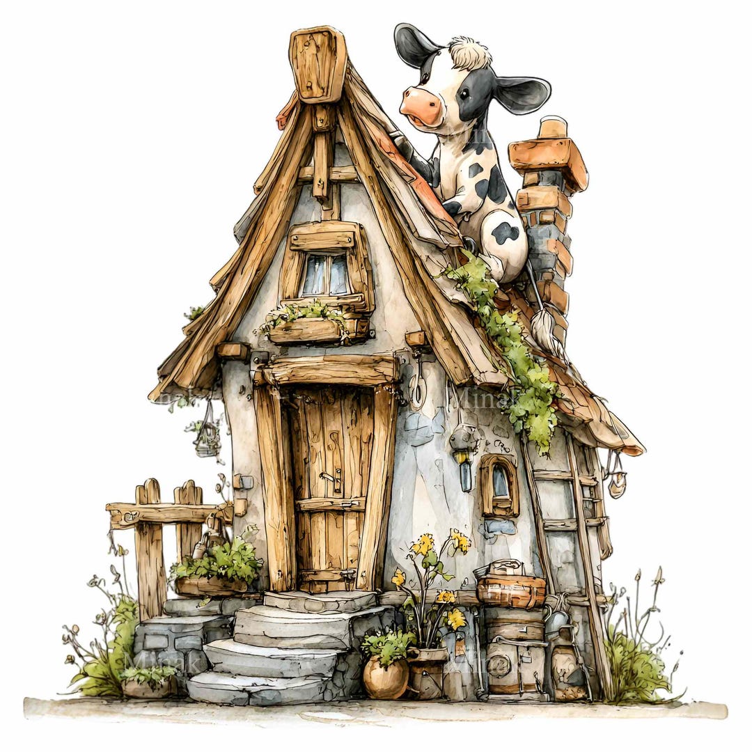 16 PNG Whimsical Cow House Clipart – Fairytale Farmhouse With Animal on ...