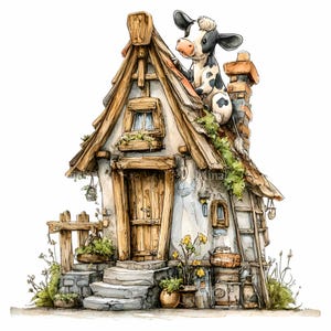 Peut inclure: Illustration à l'aquarelle d'une maison fantaisiste avec une vache sur le toit. La maison a une porte en bois, des marches en pierre et des plantes grimpantes. Une cheminée et une échelle sont également visibles.