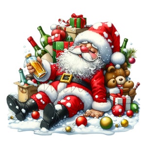 12 PNG drôle père Noël ivre Clipart, dessin animé père Noël PNG, père Noël endormi avec des cadeaux et des boissons, décoration humour Noël