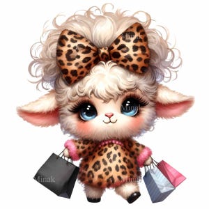 15 PNG mode agneau PNG Clipart, agneau mignon avec noeud léopard et sacs à provisions, Art animalier de ferme glamour, décoration de chambre d'enfant