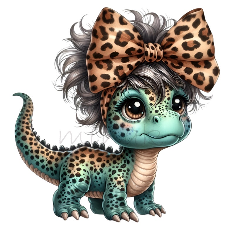 Dinosaurie-clip art, 10 PNG-kladdig bulle, dinosaurieflicka-clipart, rolig djur-clipart, utskrivbar leopardmönster-rosett för barnrum, DIY-korttillverkning bild 10