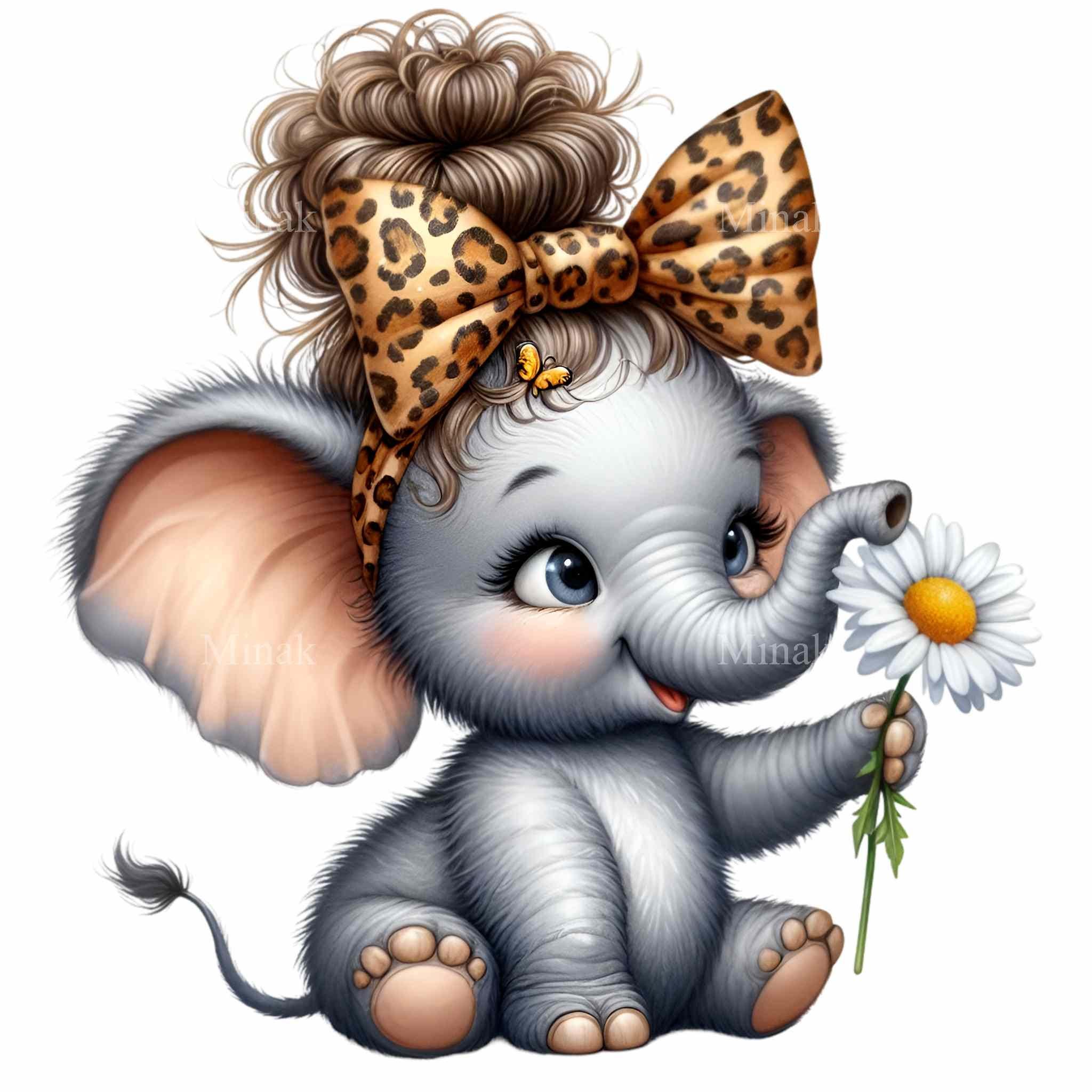 15 PNG Cute Baby Elephant PNG Clipart, Leopard Bow Elephant With Daisy ...
