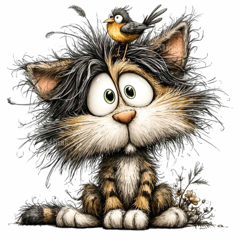 May include: A cartoon illustration of a wide-eyed cat with messy fur, brown and tan stripes, and a small bird perched on its head. The bird has yellow and black feathers. The cat is sitting with its paws forward, and the background is white.