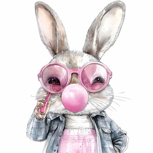 12 Cute Bunny Bubblegum PNG Clipart - Kaninchen in rosa Brille und Fliege - Fun Cartoon Animal Art