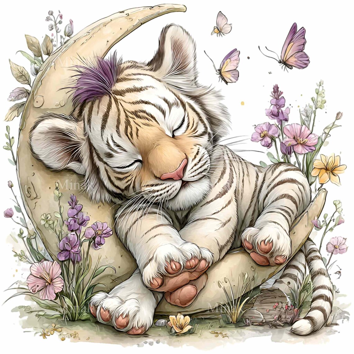 15 PNG Sleeping Tiger Cub – White Baby Tiger on Crescent Moon With ...