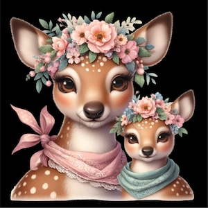 Puede incluir: Dos ciervas con pelaje marr&oacute;n y blanco moteado que llevan coronas de flores y bandanas rosa y azul. Las ciervas tienen grandes ojos marrones y miran al espectador.