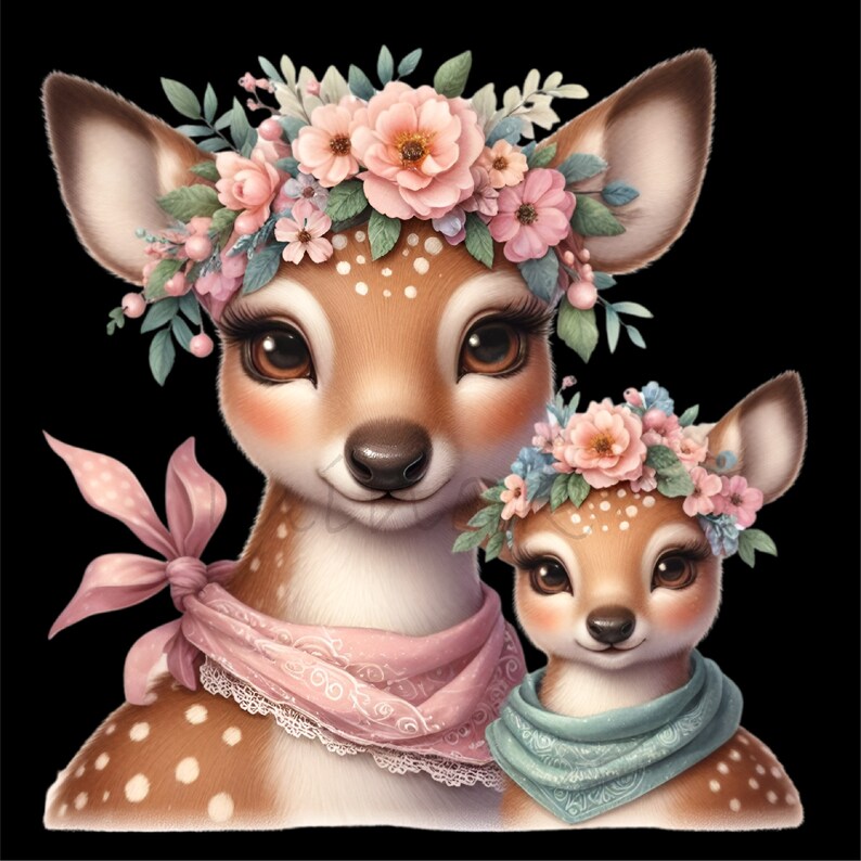 Puede incluir: Dos ciervas con pelaje marr&oacute;n y blanco moteado que llevan coronas de flores y bandanas rosa y azul. Las ciervas tienen grandes ojos marrones y miran al espectador.