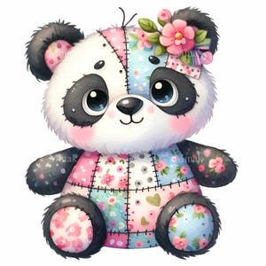 May include: A plush panda bear with a patchwork design. The panda has a white face, black ears and eyes, and a pink blush. Its body is made of fabric squares in pink, blue, and floral patterns. A pink flower and bow adorn its head. The bear is sitting.