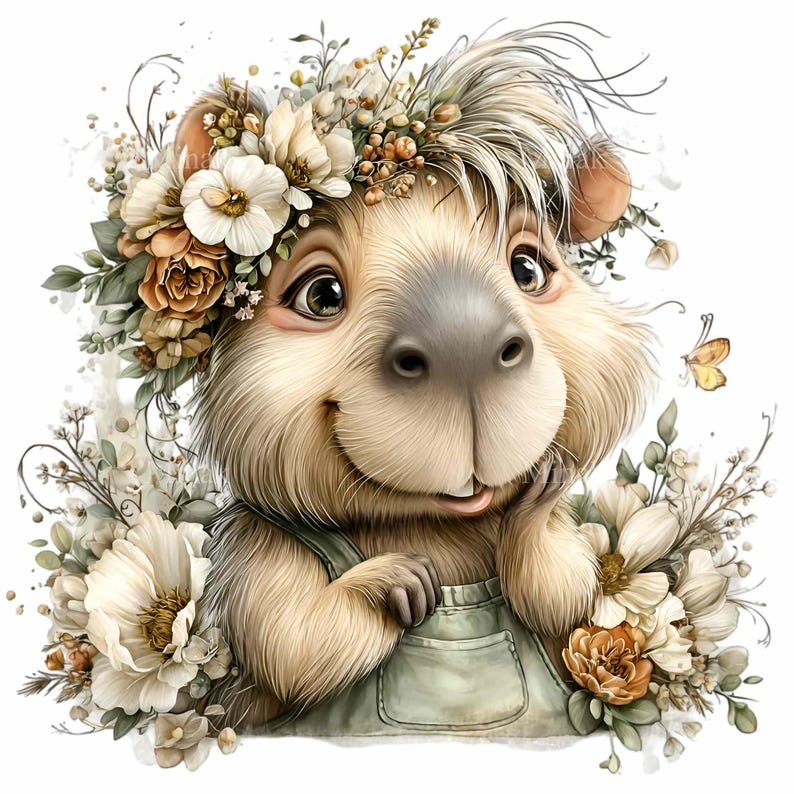 May include: A charming illustration of a smiling, cartoon-like rodent wearing a floral crown and light green overalls. The rodent has a large nose, big eyes, and is surrounded by white and tan flowers and greenery. A small butterfly is also present.