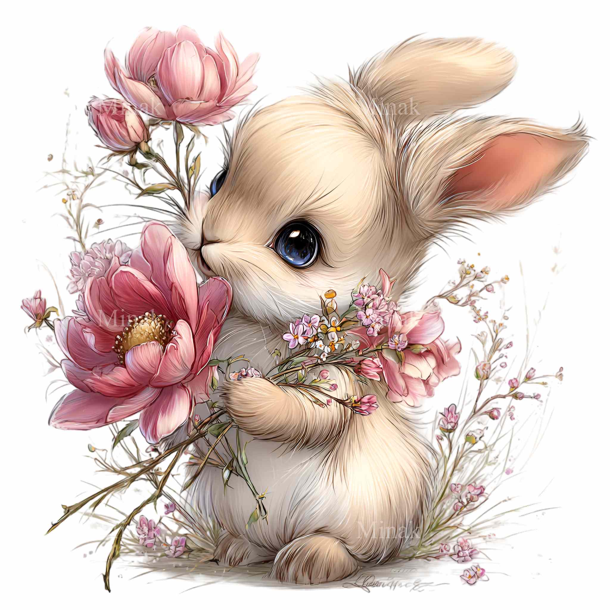 10 PNG Floral Bunny Clipart – Spring Rabbit With Rose Bouquet for ...