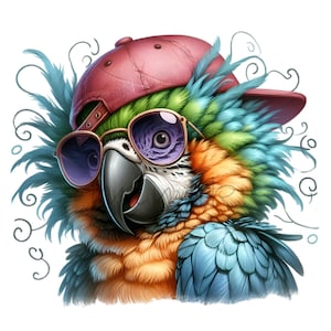 May include: A colorful parrot wearing a red baseball cap and sunglasses. The parrot has blue, green, orange, and yellow feathers. The sunglasses have purple lenses and a gold frame. The parrot's beak is gray, and it has a white background.