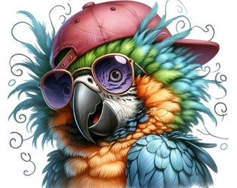 May include: A colorful parrot wearing a red baseball cap and sunglasses. The parrot has blue, green, orange, and yellow feathers. The sunglasses have purple lenses and a gold frame. The parrot's beak is gray, and it has a white background.