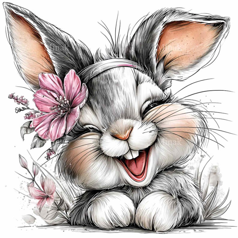 May include: A smiling cartoon bunny with gray fur, pink cheeks, and a pink mouth. The bunny wears a pink flower crown and has long ears. The image is a watercolor illustration with a white background.