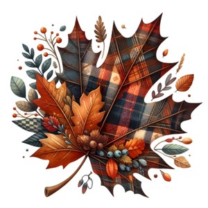 Hojas de cuadros de otoño Clipart PNG - 14 follaje de otoño, bayas y bellotas - Descarga digital de decoración de temporada