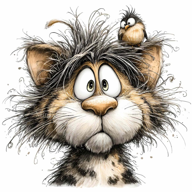 May include: A cartoon illustration of a surprised cat with wide eyes and a small bird perched on its head. The cat has brown and tan fur with a worried expression. The bird is small and dark with a spiky crest.