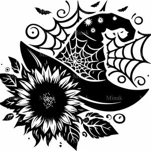 Archivo de corte SVG de sombrero de bruja de girasol (5 unidades), sombrero de Halloween con telarañas, murciélagos y hojas, clipart floral de otoño para manualidades de Cricut.