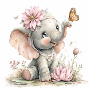 Peut inclure: Illustration à l'aquarelle d'un bébé éléphant avec une fleur rose sur la tête et un papillon sur sa trompe. L'éléphant est assis dans un champ de fleurs, avec une fleur de lotus rose au premier plan. L'image a une palette de couleurs douces et pastel.