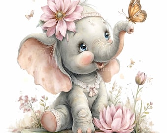 16 PNG Acquerello Elefante Bambino - Illustrazione Floreale di Elefante con Farfalla, Design Sublimatico per Asilo Nido