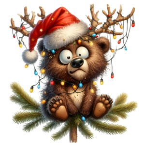 15 PNG lustiger Weihnachtsbär Clipart, Weihnachtsmütze, verhedderte Lichter, Geweihzweige, Winterkarikaturtier PNG für Sublimation, Karten