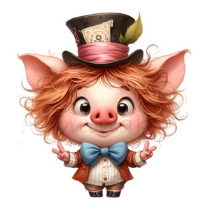 15 Clipart di maiali carini PNG, maialino stravagante con cappello a cilindro, download digitale per sublimazione