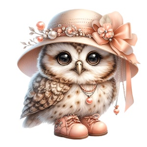 10 bébé hibou PNG Clipart, chapeau rose PNG en téléchargement numérique, décoration pastel pour chambre de bébé