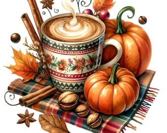 15 imágenes PNG de taza de café con leche y calabaza para otoño, imágenes prediseñadas para sublimación.