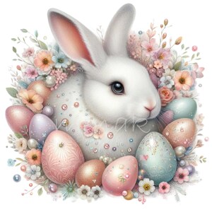 12 Clipart PNG di coniglietto bianco – Coniglio carino con uova pastello, fiori primaverili, perle, ghirlanda floreale, morbida arte pasquale