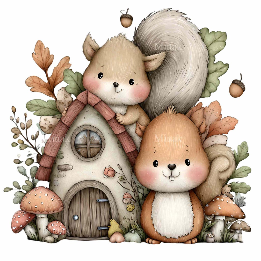 15 PNG Woodland Squirrels PNG – Cute Autumn Forest House Clipart, Fall ...