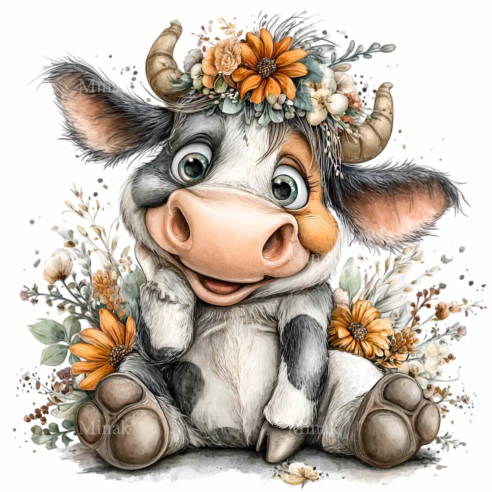 15 PNG Cow Clipart Floral Illustration, Watercolor Baby Farm Animal for ...