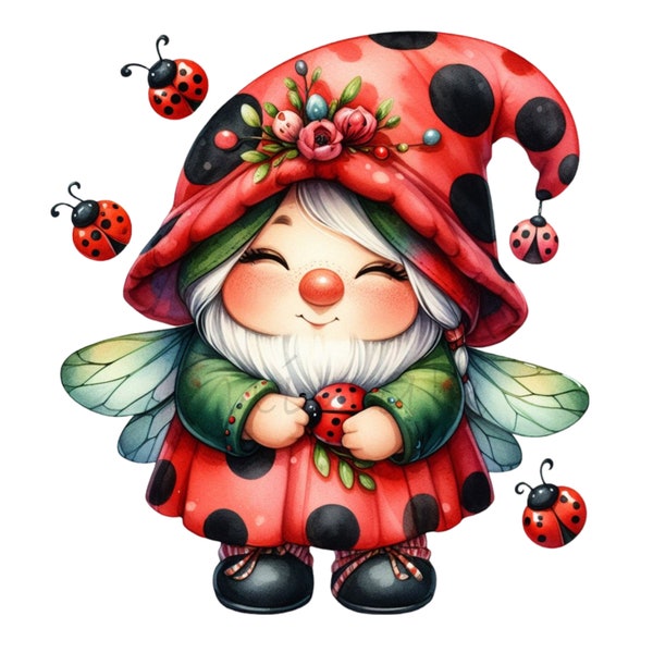 Ladybug Clipart, 14 PNG Gnome Clip Art, Imprimable, Téléchargements numériques, Fabrication de cartes, Sublimation, Étiquette cadeau, Junk Journal, Nursery Decor