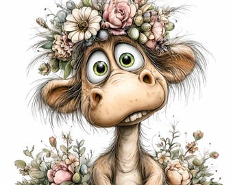 16 imagens PNG de camelos com flores, coroa de flores de alpaca para sublimação.