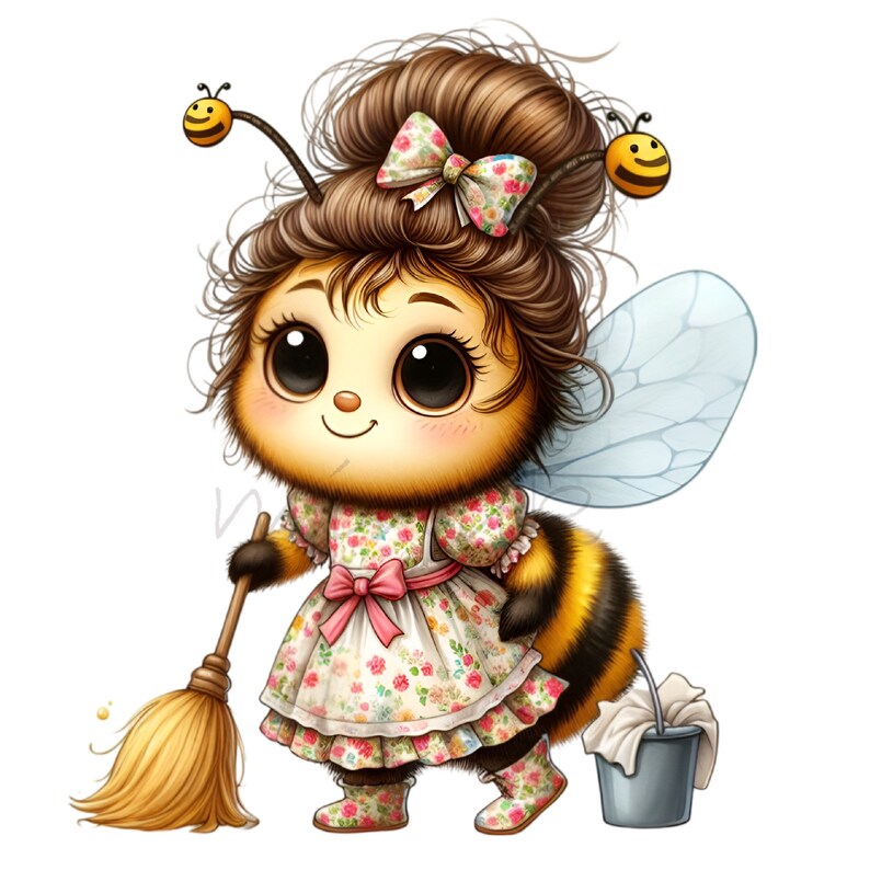 May include: A cartoon illustration of a bee character with large eyes, wearing a floral dress, boots, and a bow. The bee is holding a broom and a bucket with a cloth. The bee has a yellow and black striped body, wings, and antennae with small bees on the ends.