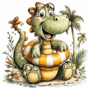Peut inclure: Illustration de dessin animé d'un dinosaure vert souriant portant des lunettes orange et une bouée rayée jaune et blanche. Le dinosaure est assis sur une plage de sable avec des palmiers en arrière-plan. Il semble apprécier une journée ensoleillée.