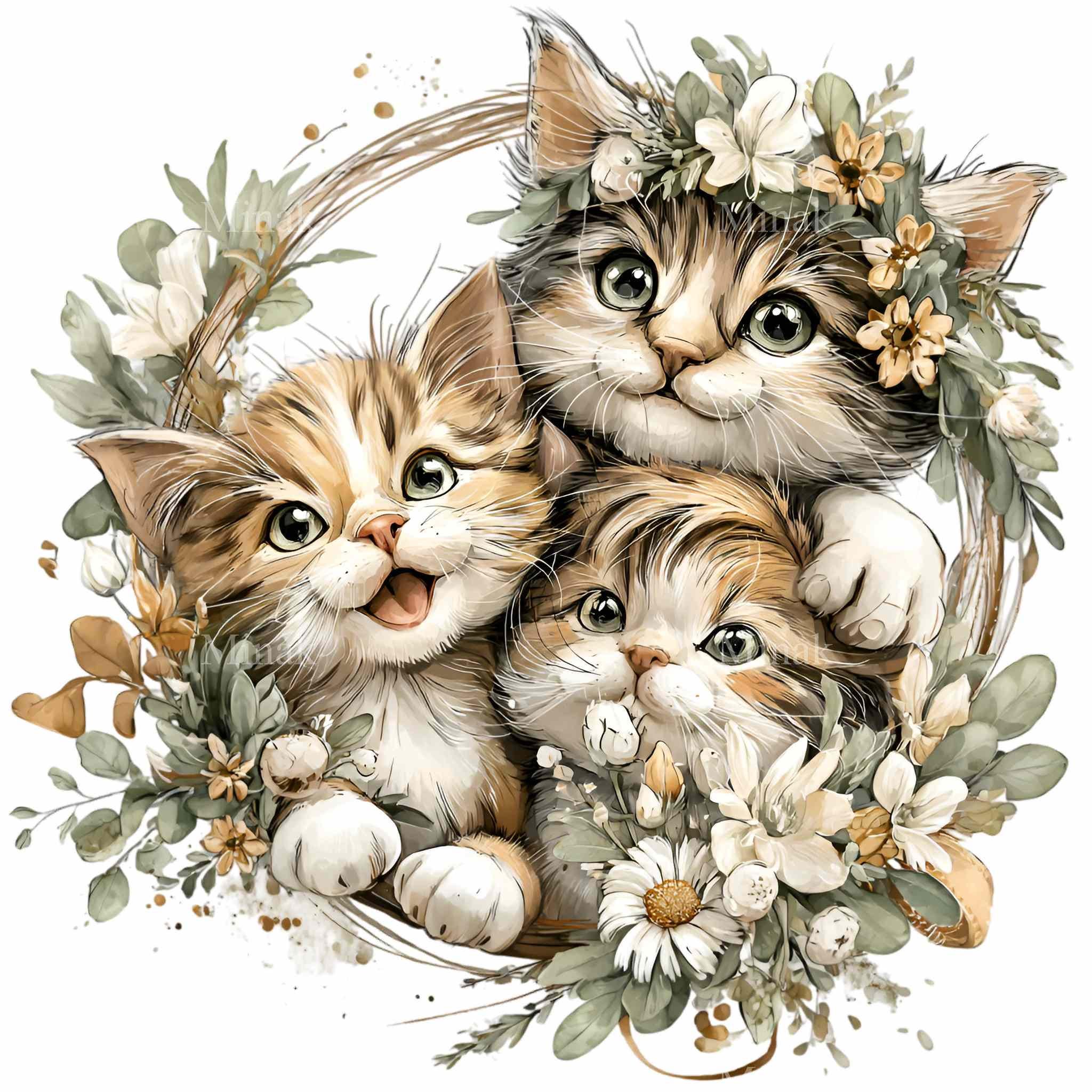 15 PNG Floral Kittens Clipart – Cute Cat Wreath PNG for Nursery Wall ...
