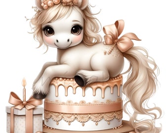 May include: A whimsical illustration of a white pony with a floral crown and a flowing mane, resting on a layered cake. The cake is decorated with gold accents and a bow. A gift box with a bow and a lit candle complete the birthday theme.
