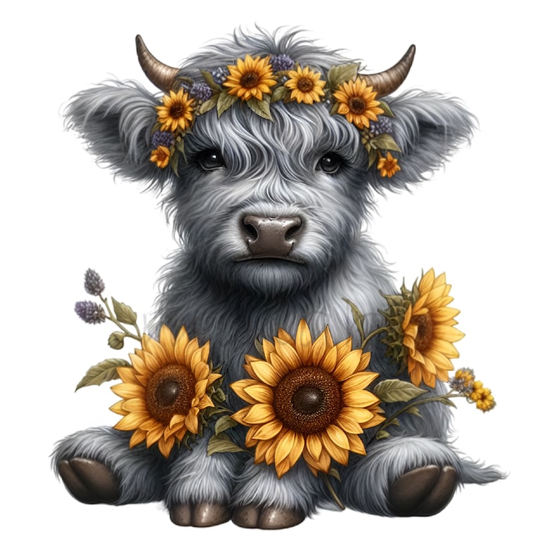 May include: A fluffy white Highland cow calf with a crown of yellow sunflowers and purple wildflowers. The calf is sitting with its front legs crossed and looking at the camera.