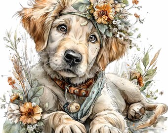 15 Golden Puppy Flower Crown Png, Flower Headband Botanical Pet Portrait