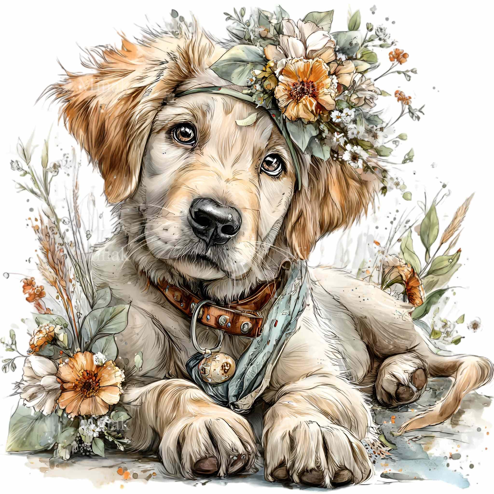 15 PNG Floral Puppy Clipart – Dog Illustration With Flower Crown, Baby ...